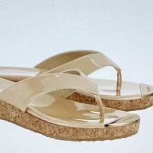 Jimmy Choo Pence Nude Patent Leather Cork Wedge Sandals Size 8.5